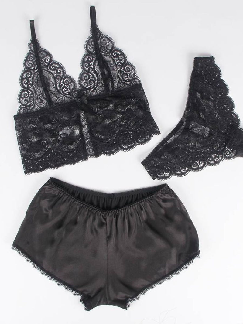 Σέξι Μαύρο Σετ Babydoll Μεταξωτό με Δαντέλα Plus Size