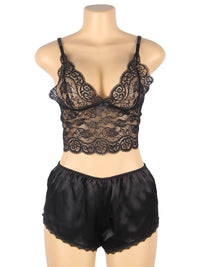 Σέξι Μαύρο Σετ Babydoll Μεταξωτό με Δαντέλα Plus Size