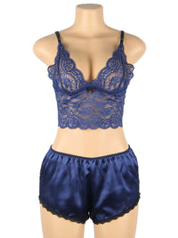 Σέξι Μπλε Σετ Babydoll Μεταξωτό με Δαντέλα Plus Size