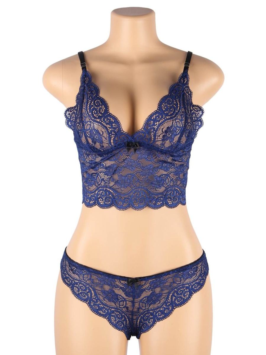 Σέξι Μπλε Σετ Babydoll Μεταξωτό με Δαντέλα Plus Size