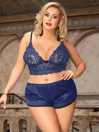 Σέξι Μπλε Σετ Babydoll Μεταξωτό με Δαντέλα Plus Size