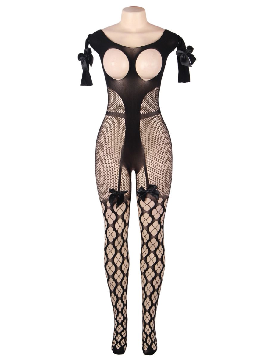 Σέξι Μαύρο Ολόσωμο Bodystocking Open Cup με Ανοιχτούς Ώμους Plus Size