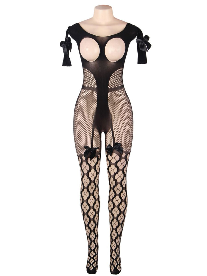 Σέξι Μαύρο Ολόσωμο Bodystocking Open Cup με Ανοιχτούς Ώμους Plus Size