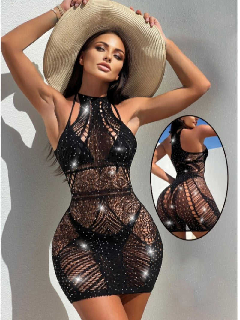 Σέξι Διχτυωτό Φόρεμα Bodystocking με Στρας Halter Neck💎🔥