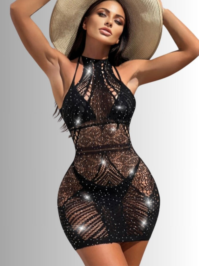 Σέξι Διχτυωτό Φόρεμα Bodystocking με Στρας Halter Neck💎🔥