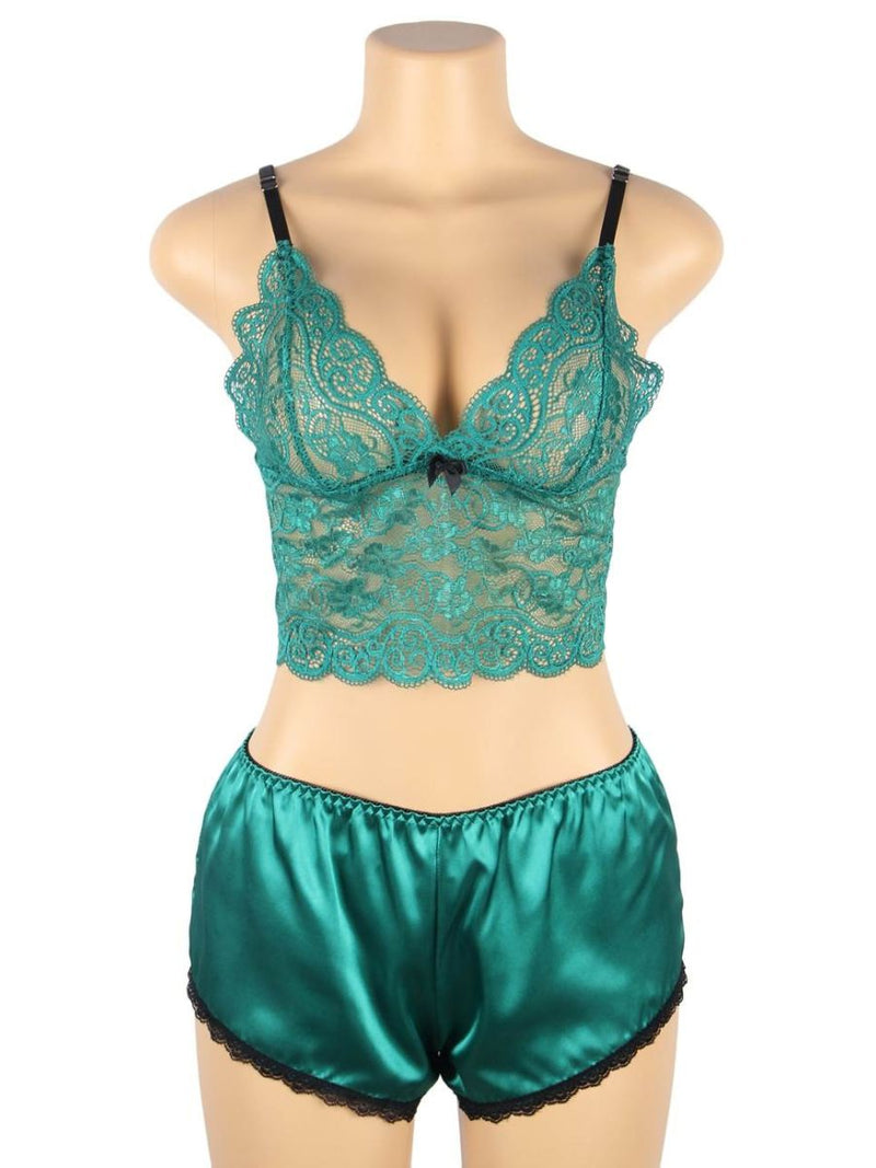 Σέξι Πράσινο Σετ Babydoll Μεταξωτό με Δαντέλα Plus Size