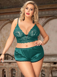 Σέξι Πράσινο Σετ Babydoll Μεταξωτό με Δαντέλα Plus Size