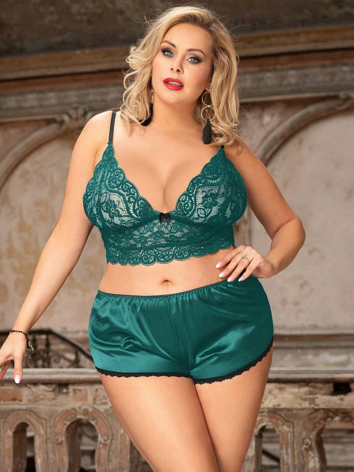 Σέξι Πράσινο Σετ Babydoll Μεταξωτό με Δαντέλα Plus Size
