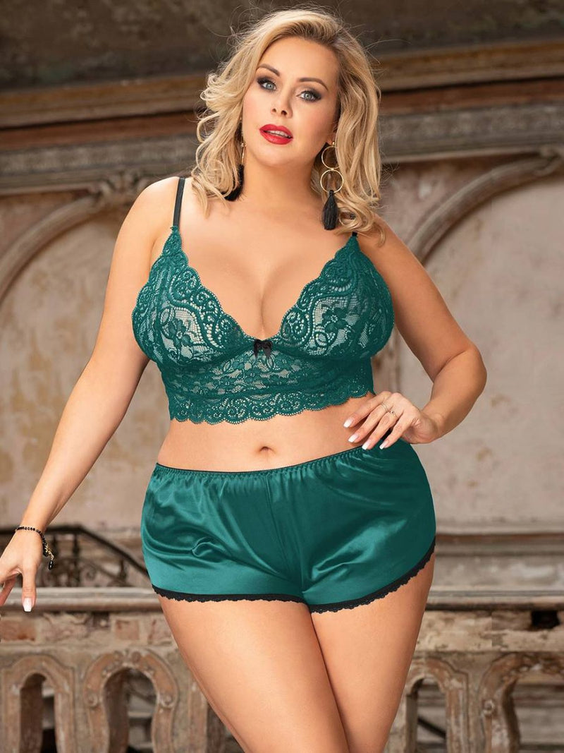 Σέξι Πράσινο Σετ Babydoll Μεταξωτό με Δαντέλα Plus Size
