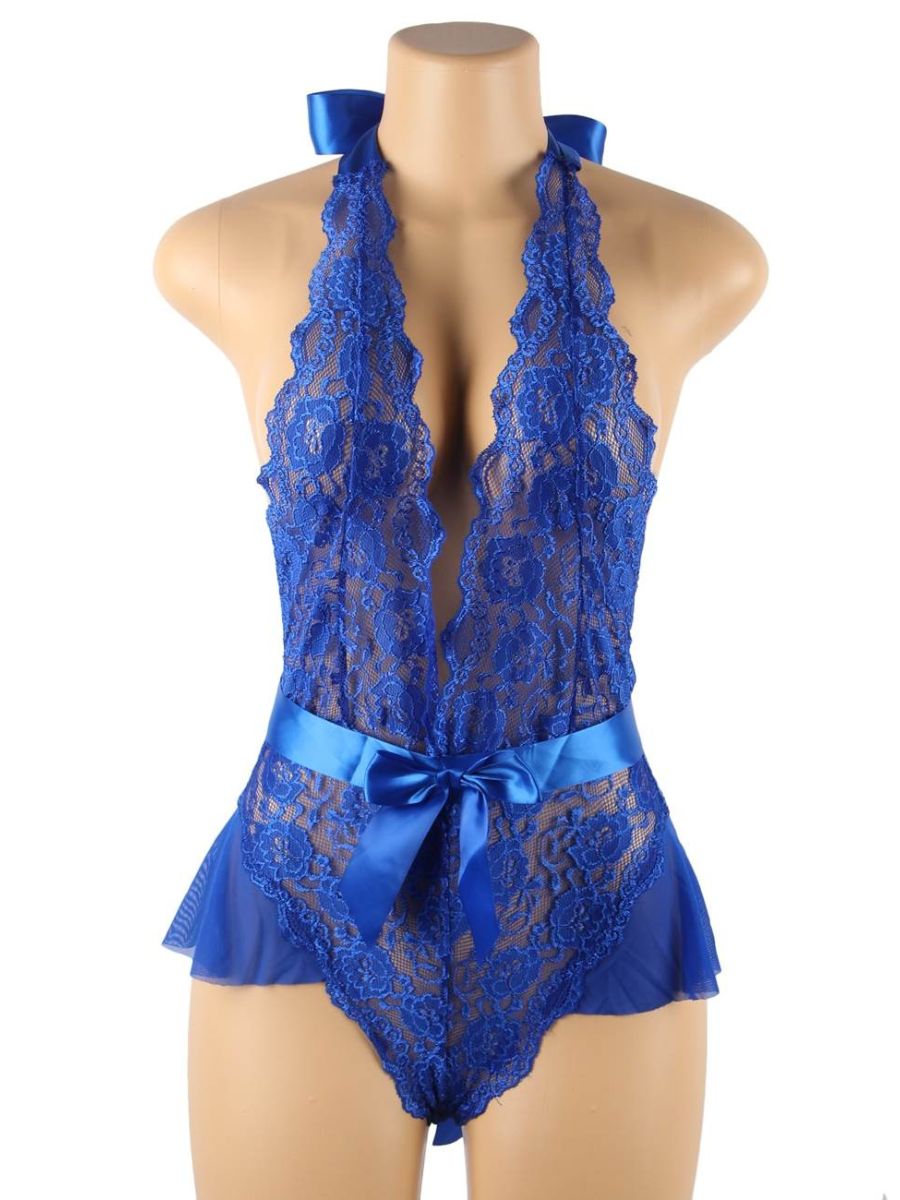 Σέξι Teddy Halter με V Λαιμόκοψη, Βολάν και Ζώνη Plus Size