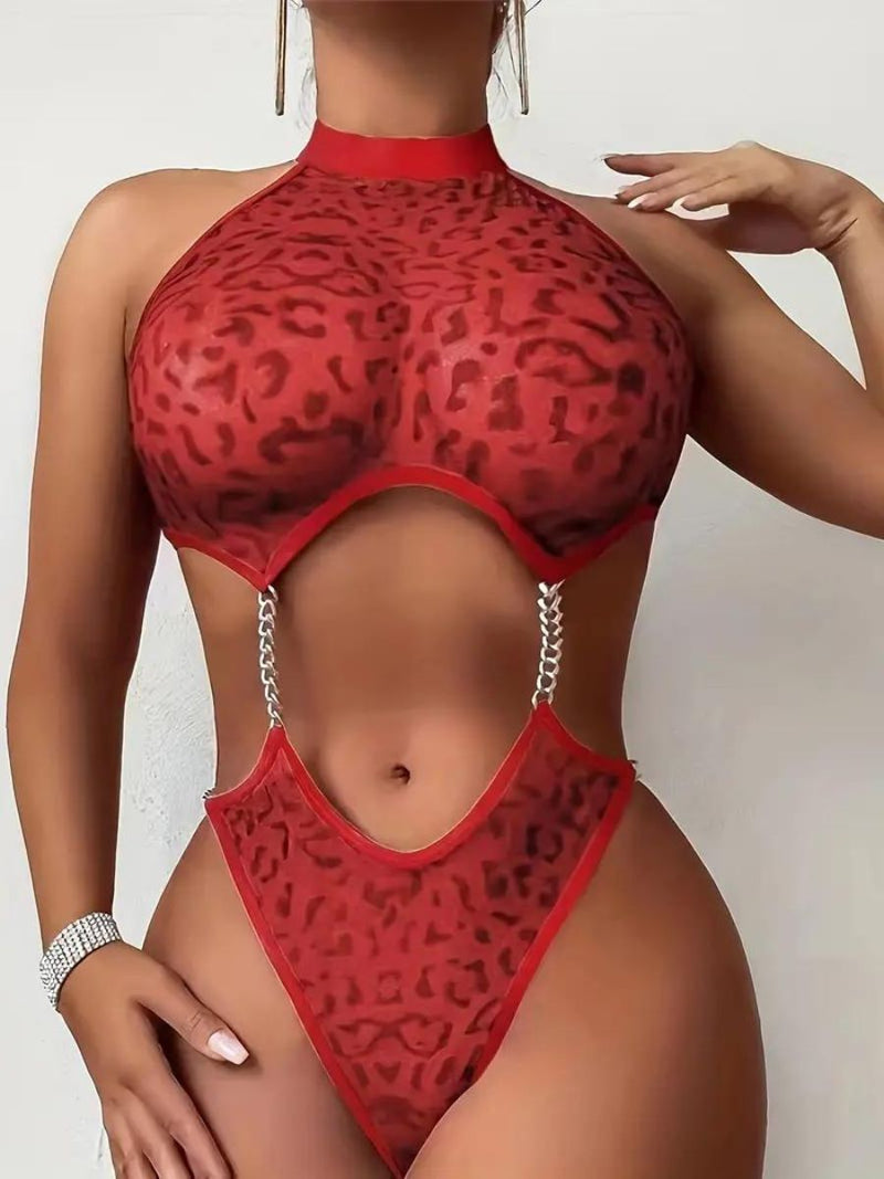 Γυναικείο Σέξι Halter Neck Εσώρουχο με Λεοπάρ Σχέδιο και Μεταλλικές Αλυσίδες