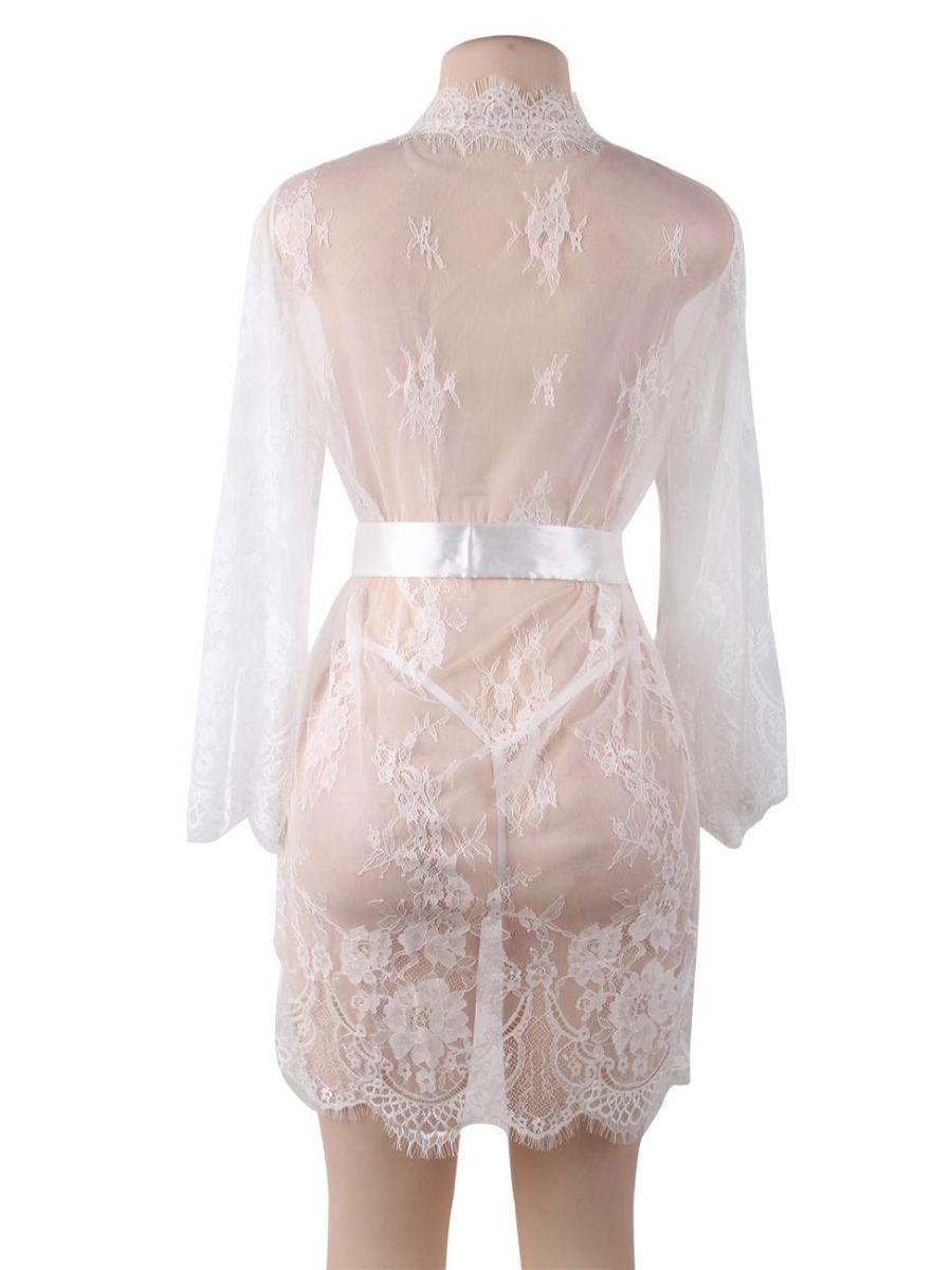 Σέξι Σετ Δαντελένια Ρόμπα με Ασορτί String και Faux Silk Ζώνη