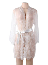 Σέξι Σετ Δαντελένια Ρόμπα με Ασορτί String και Faux Silk Ζώνη