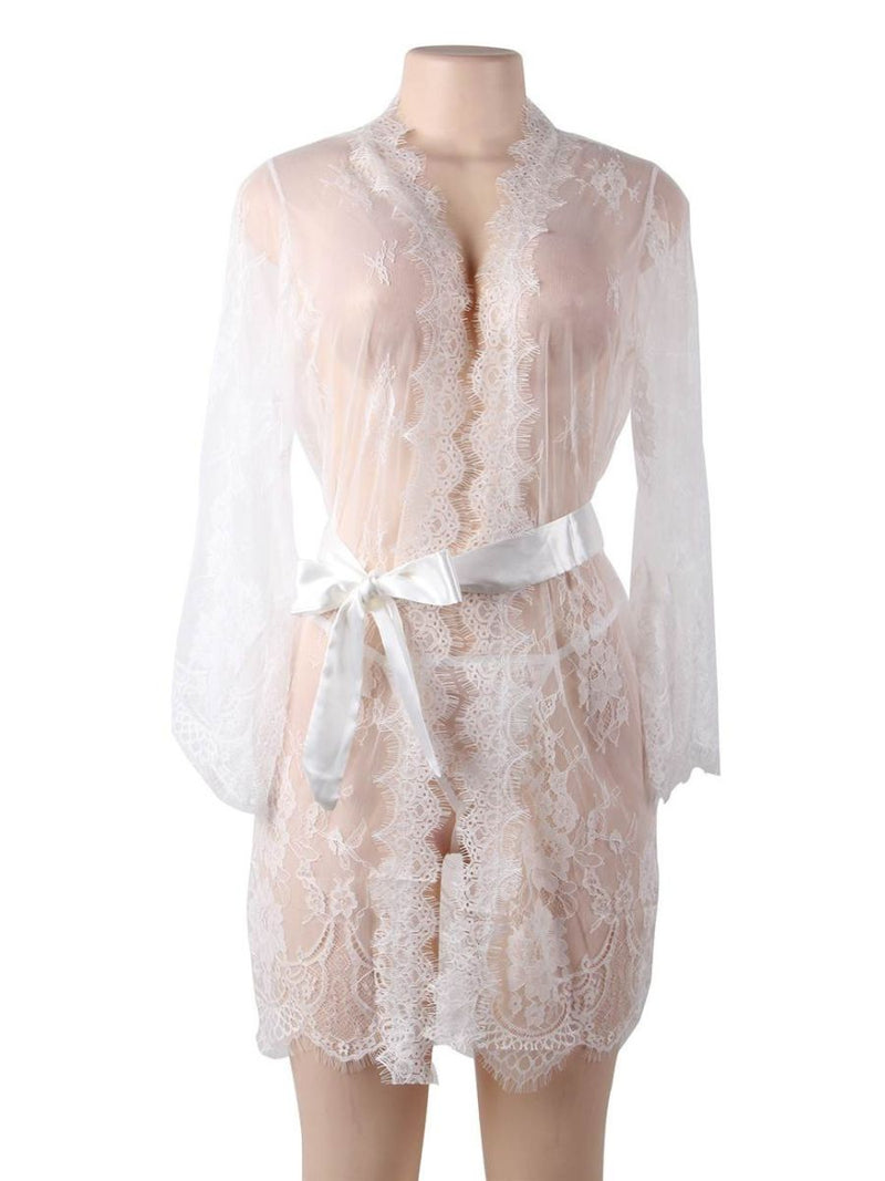 Σέξι Σετ Δαντελένια Ρόμπα με Ασορτί String και Faux Silk Ζώνη