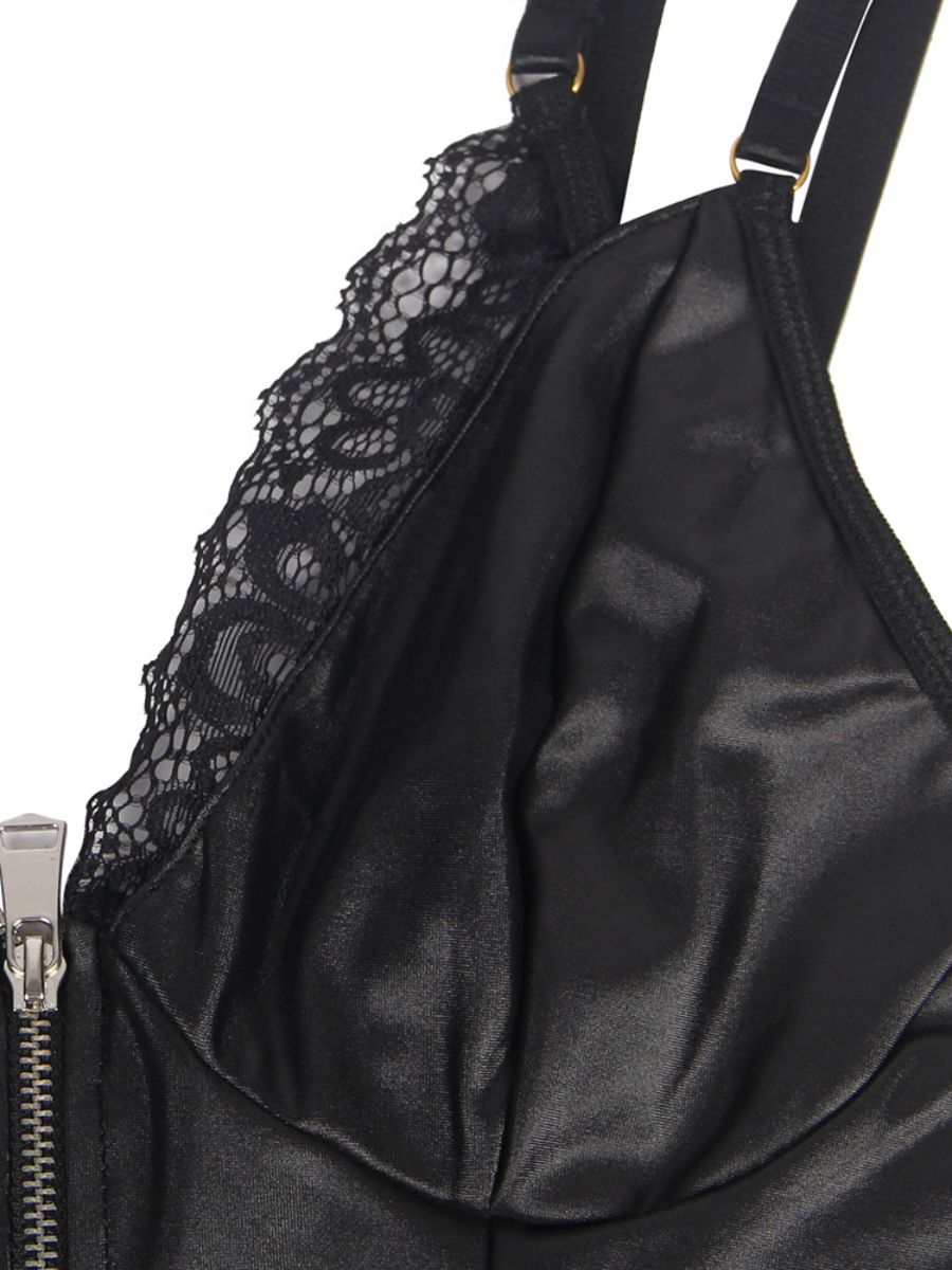 Σέξι Plus Size Δερμάτινο Σετ Δύο Τεμαχίων με Φερμουάρ και Ζαρτιέρα