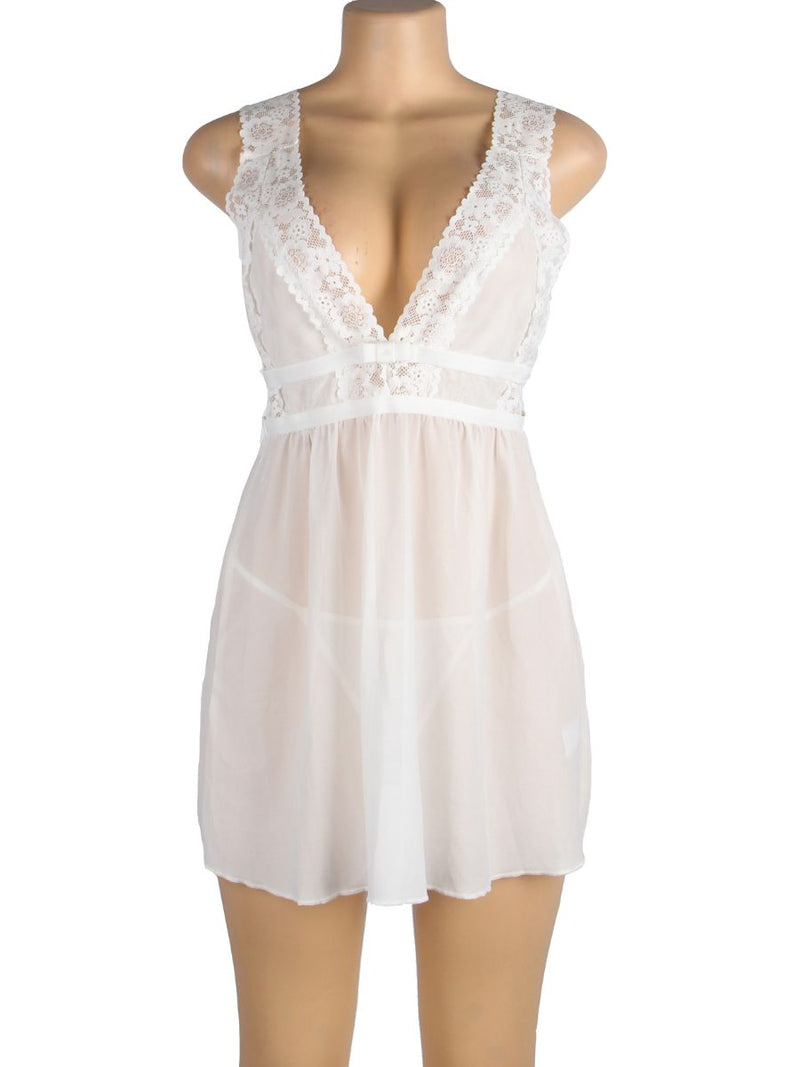 Λευκό Σέξι Babydoll με Βαθύ Ντεκολτέ και Αέρινο Υφασμα