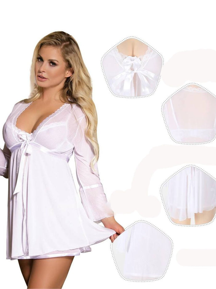 Λευκό Σετ Babydoll Με Ρόμπα Από Διαφάνεια