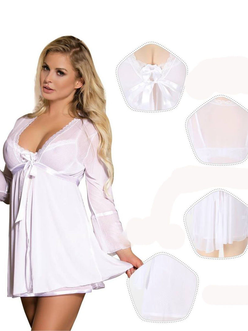 Λευκό Σετ Babydoll Με Ρόμπα Από Διαφάνεια