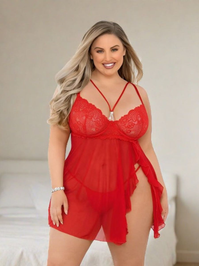 Αέρινο Babydoll Plus Size από Διαφάνεια με Strass στο Στήθος