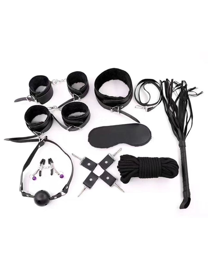 Σετ BDSM 9 Τεμάχια σε 2 Χρώματα με Χειροπέδες, Ankle Cuffs, Μάσκα, Μαστίγιο, Κολλάρο με λουρί, Bondage Cross, Φτερό, Mouth Gag Ball, One Size – Juicy String