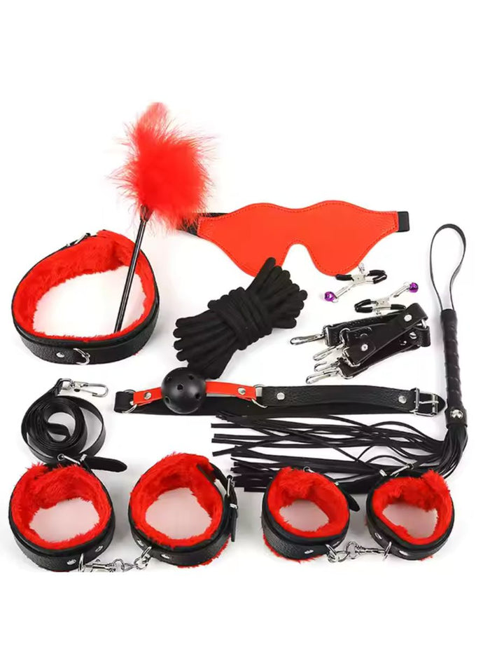 Μαύρο-Κόκκινο Kinky Σετ BDSM 10 Τεμάχια Με Γούνα