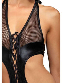 Sexy Crotchless Κορμάκι Wet Look με Μάσκα