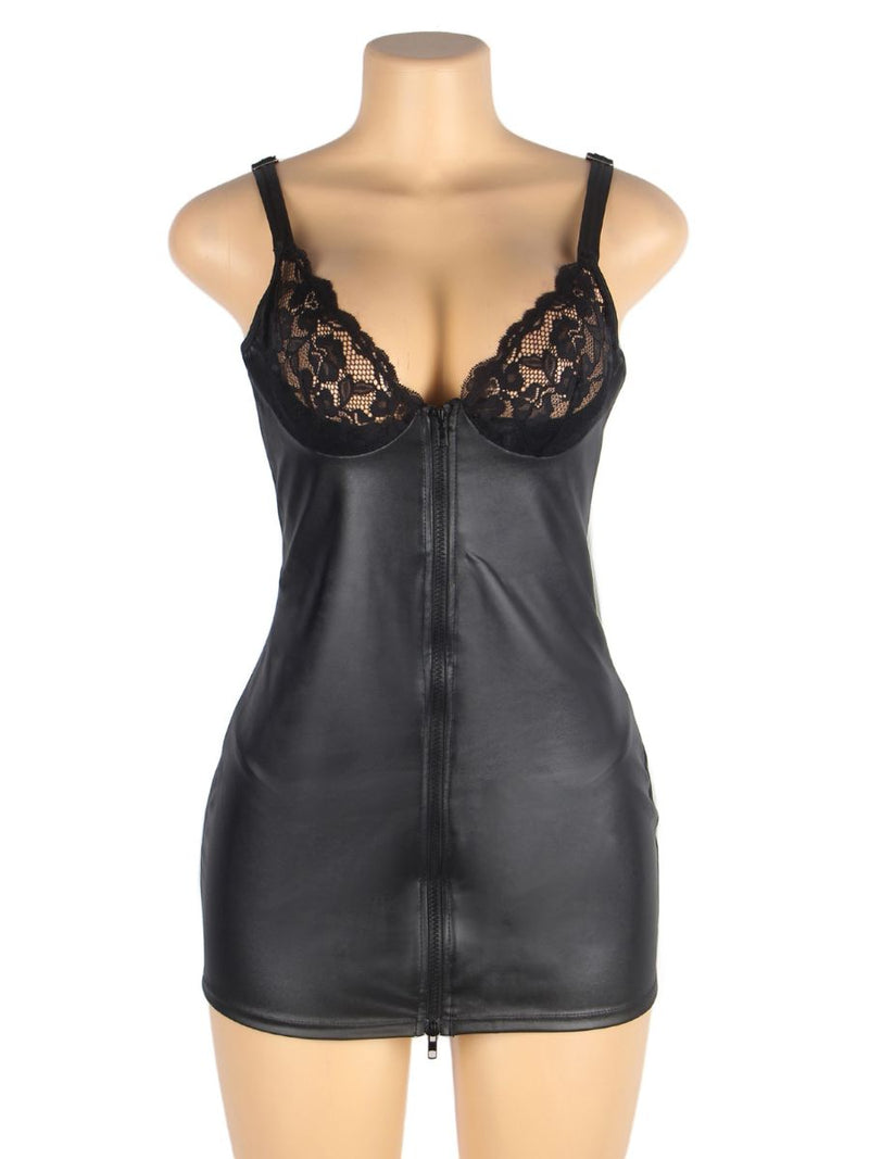Μαύρο εφαρμοστό faux leather φόρεμα με μπροστινό φερμουάρ – Juicy String