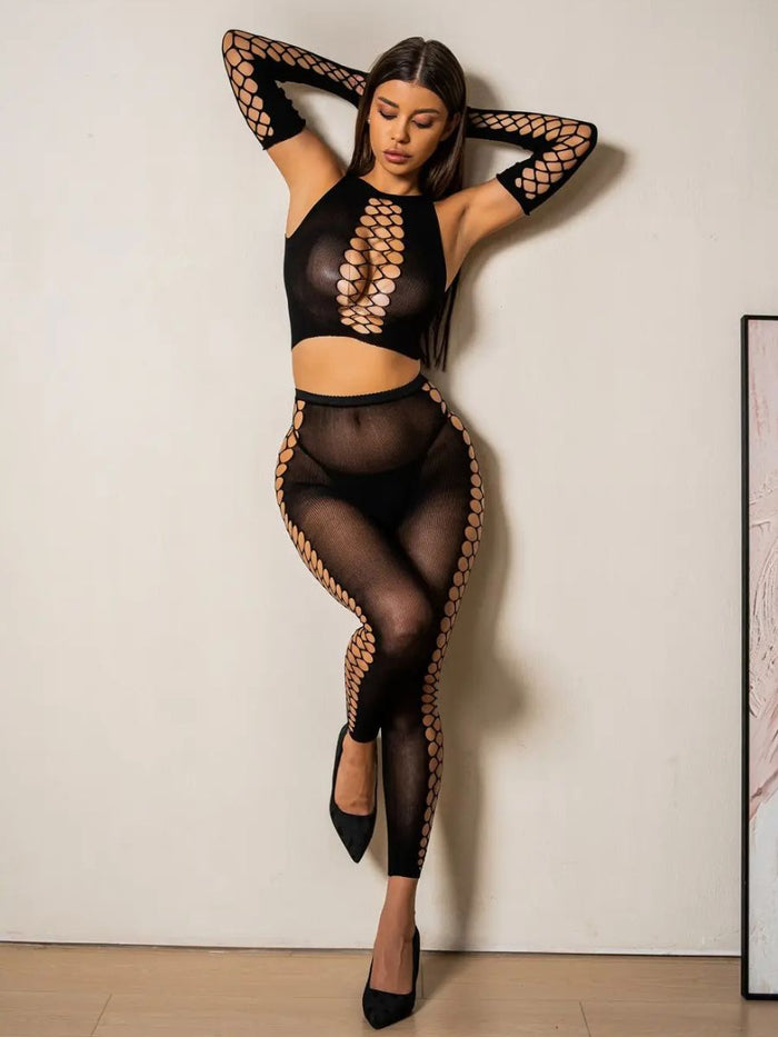Sexy Διχτυωτό Σετ με Halter Top, Fingerless Γάντια & Κολάν 🔥🖤