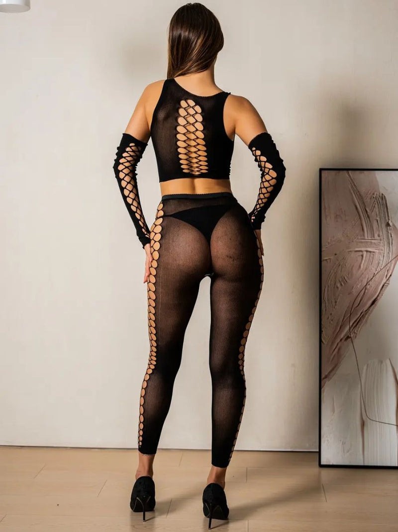 Sexy Διχτυωτό Σετ με Halter Top, Fingerless Γάντια & Κολάν 🔥🖤
