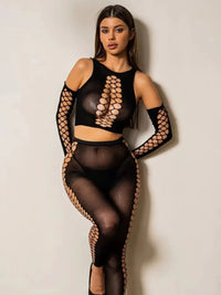 Sexy Διχτυωτό Σετ με Halter Top, Fingerless Γάντια & Κολάν 🔥🖤