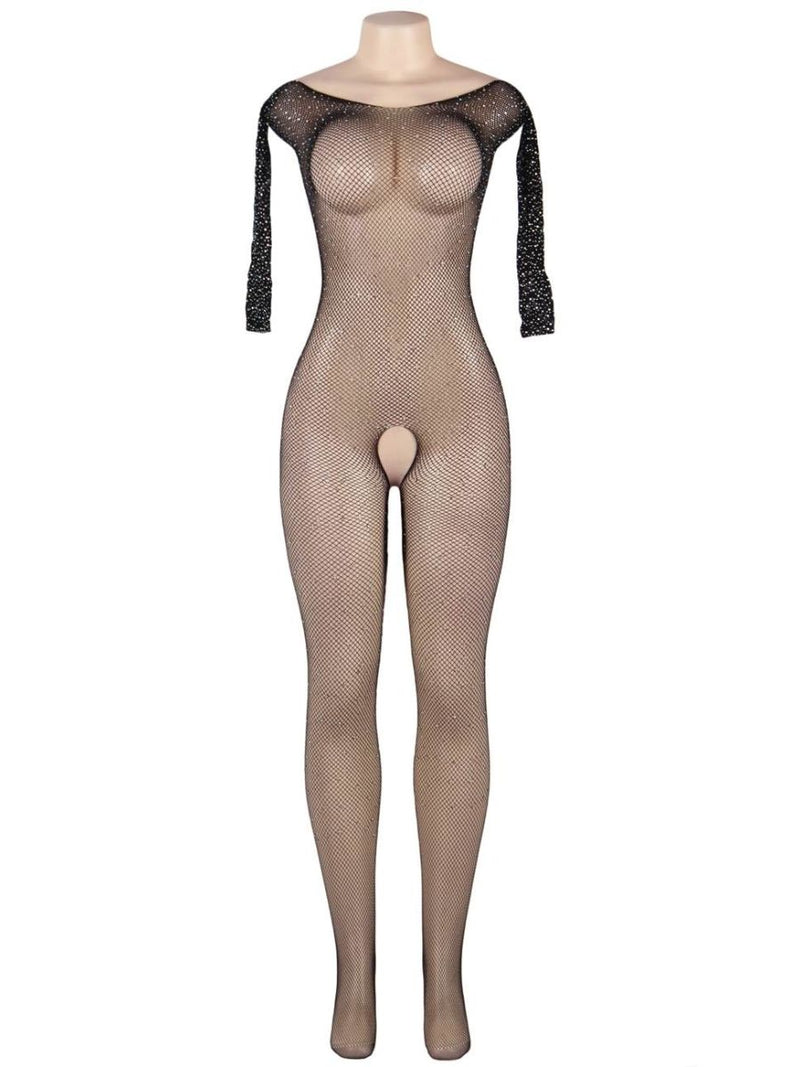 Plus Size μαύρο fishnet κορμάκι με διαμάντια, μακριά μανίκια & ανοιχτό καβάλο – Juicy String