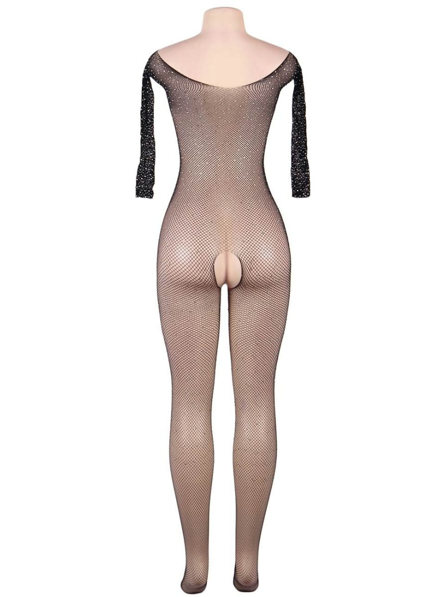 Plus Size μαύρο fishnet κορμάκι με διαμάντια, μακριά μανίκια & ανοιχτό καβάλο – Juicy String