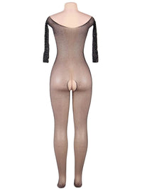 Plus Size μαύρο fishnet κορμάκι με διαμάντια, μακριά μανίκια & ανοιχτό καβάλο – Juicy String