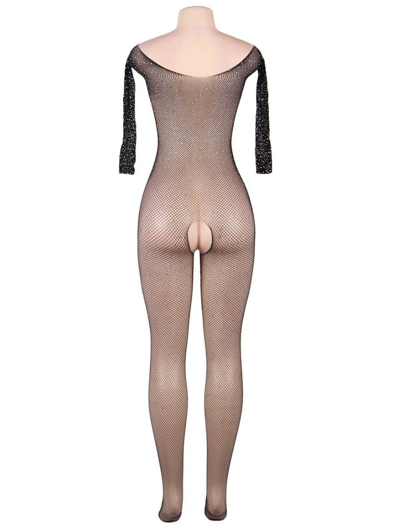 Plus Size μαύρο fishnet κορμάκι με διαμάντια, μακριά μανίκια & ανοιχτό καβάλο – Juicy String