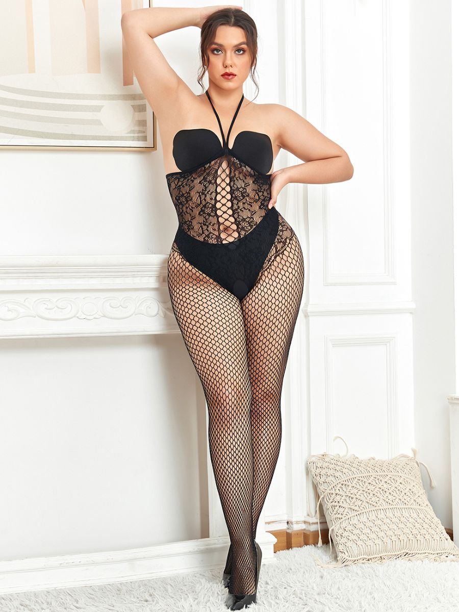 Μαύρο διχτυωτό bodystocking με halterneck & ανοιχτό στήθος – Juicy String