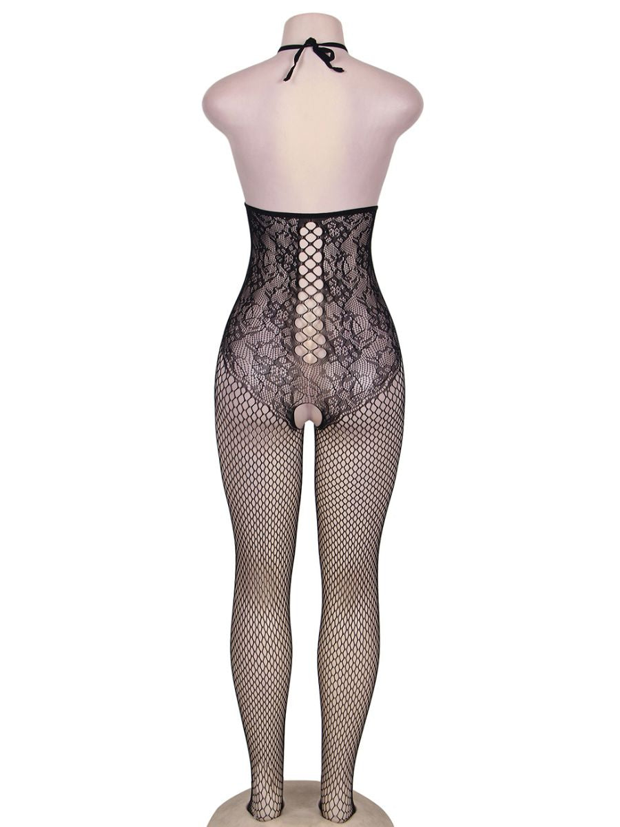 Μαύρο διχτυωτό bodystocking με halterneck & ανοιχτό στήθος – Juicy String