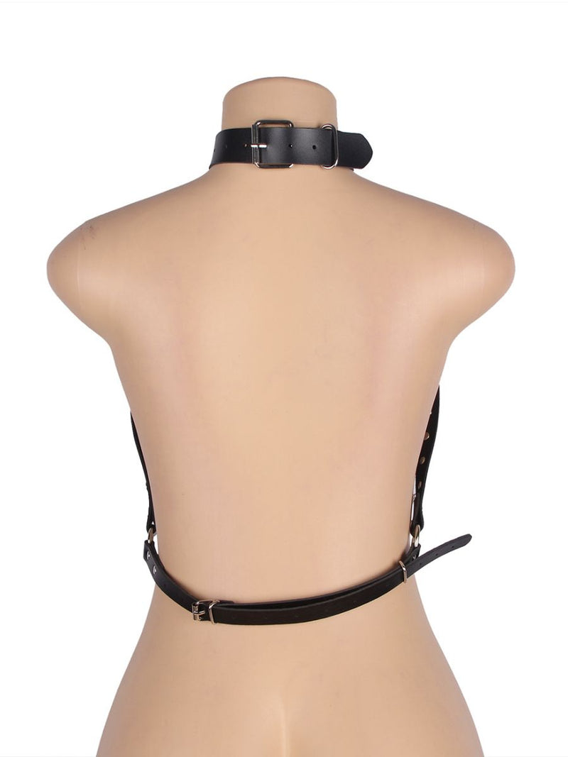 Μαύρο halter δερμάτινο bondage harness με αλυσίδα – Juicy String