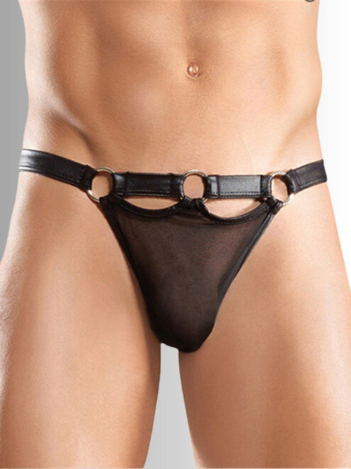 Ανδρικό mikro thong με μαύρη δερμάτινη ζώνη – Fetish Look | Juicy String
