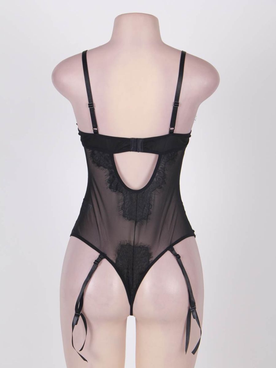 Μαύρο διάφανο κορμάκι lingerie με eyelash δαντέλα στο στήθος – Juicy String