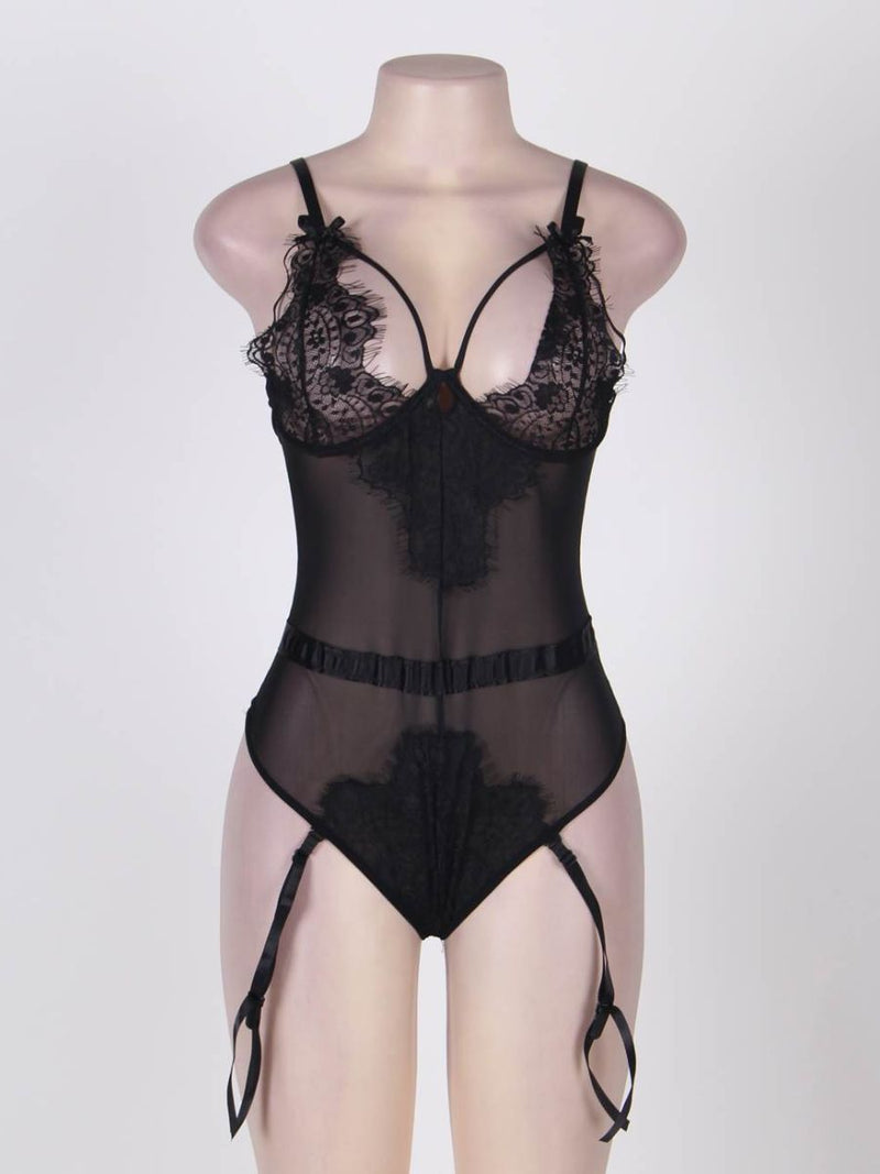 Μαύρο διάφανο κορμάκι lingerie με eyelash δαντέλα στο στήθος – Juicy String