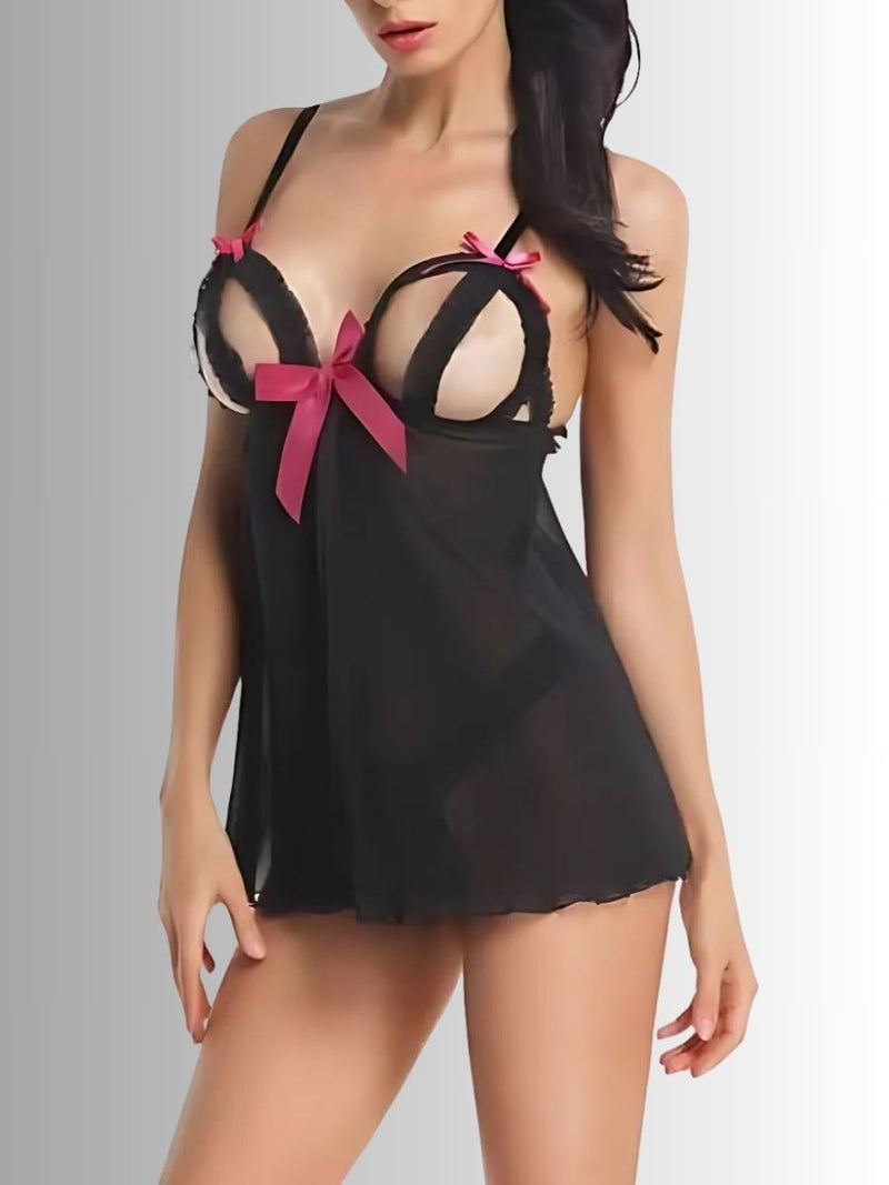 Μαύρο cupless babydoll με ροζ σατέν φιόγκους και C-string – Juicy String