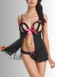 Μαύρο cupless babydoll με ροζ σατέν φιόγκους και C-string – Juicy String