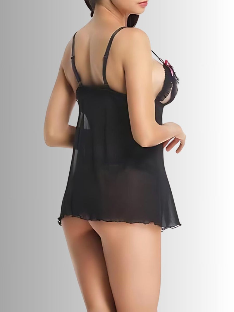 Μαύρο cupless babydoll με ροζ σατέν φιόγκους και C-string – Juicy String