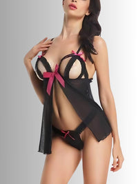 Μαύρο cupless babydoll με ροζ σατέν φιόγκους και C-string – Juicy String