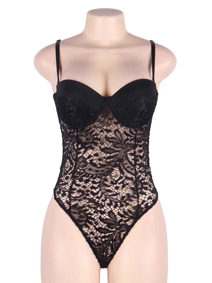 Μαύρο δαντελένιο κορμάκι lingerie με push-up cups – Juicy String