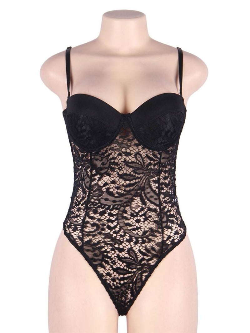 Μαύρο δαντελένιο κορμάκι lingerie με push-up cups – Juicy String