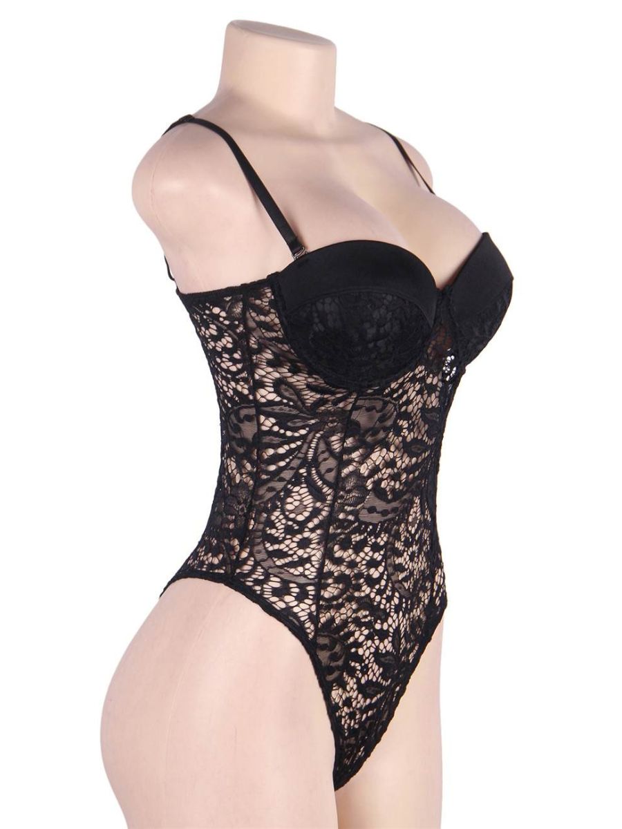 Μαύρο δαντελένιο κορμάκι lingerie με push-up cups – Juicy String