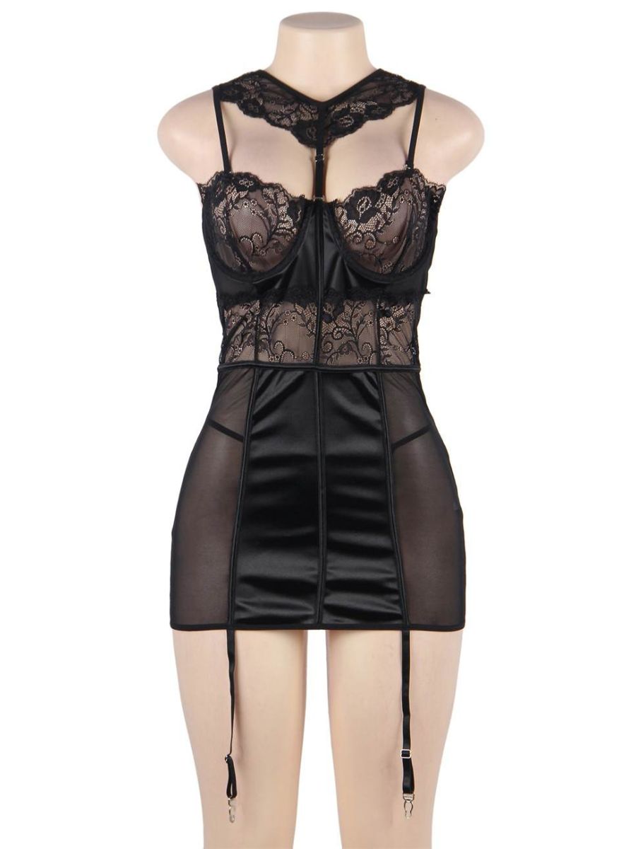 Μαύρο σατέν babydoll με μπανέλα και λεπτομέρειες δαντέλας – Juicy String

