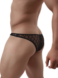 Ανδρικό μαύρο sexy thong με διάφανη ύφανση και hollow-out κόψιμο – Juicy String