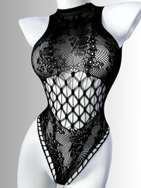 Μαύρο fishnet teddy κορμάκι με ασύμμετρο slash ντεκολτέ και hollow-out σχέδιο – Juicy String

